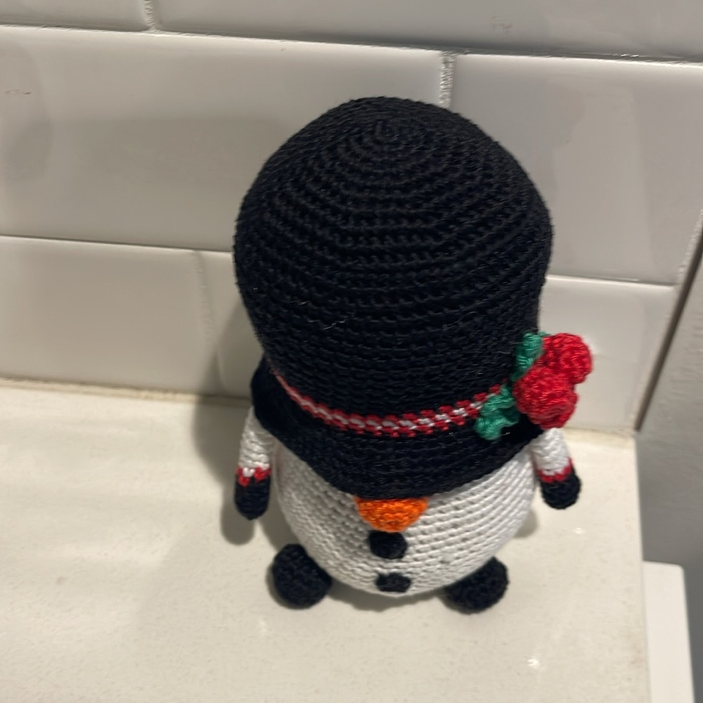 Handcrafted Snowman Gnome with Holly Winter Holiday Seasonal Christmas Crochet - Picture 4 of 12